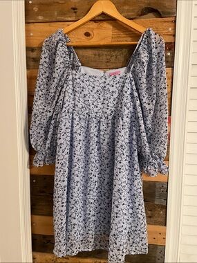 Light Blue Floral Babydoll Puff-Sleeve Dress